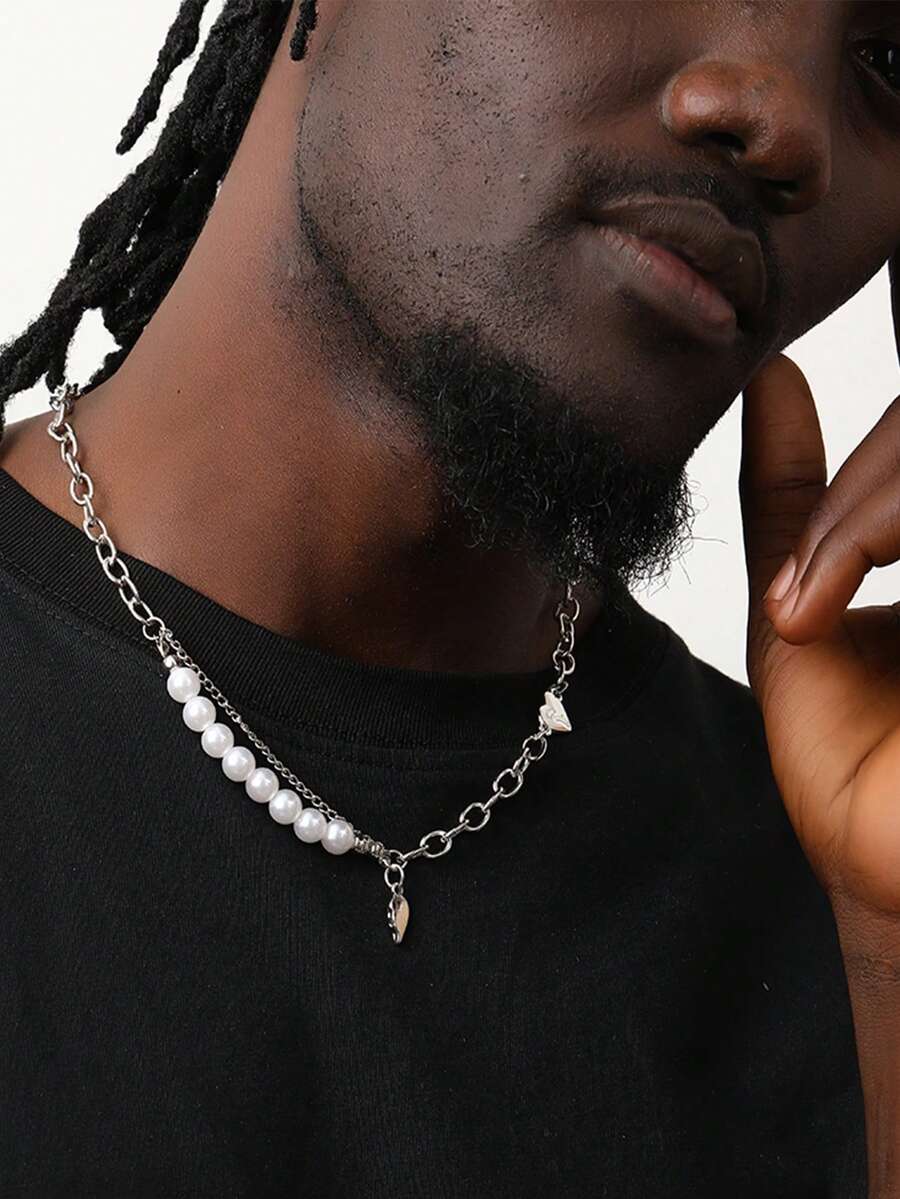 男士简约珍珠心形不锈钢项链 - 不規則拼接珍珠項鍊 - 查看 1