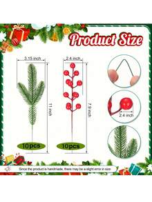 20pcs Artificial Pine Branches With Berries, Christmas Decor Branches For Wreath, Centerpiece, Christmas Tree, Party, Gift Decoration - Multicolor - View 8