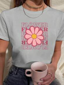 Babylook Women's T-Shirt 100% Cotton Flower Daisy Pink Nature Delicate - Xám - Xem 1
