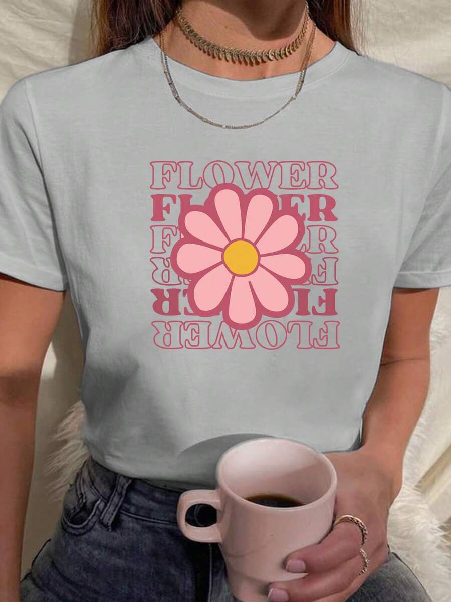 Babylook Women's T-Shirt 100% Cotton Flower Daisy Pink Nature Delicate - Xám - Xem 1