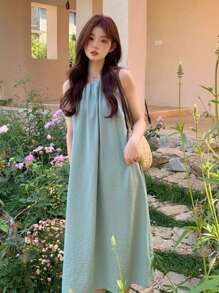 Y6Y 女士休闲无袖圆领A字连衣裙，梭织面料，喇叭下摆，时尚夏季连衣裙，优雅 - 綠色 - 查看 1