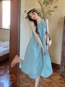 Y6Y 女士休闲无袖圆领A字连衣裙，梭织面料，喇叭下摆，时尚夏季连衣裙，优雅 - 綠色 - 查看 3