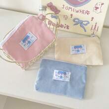 Bolsa de almacenamiento reversible de terciopelo con cremallera y lazo de encaje, estilo dulce para niñas, monedero pequeño, llavero de color rosa pálido con adorno para cartera de mujer, monedero mini