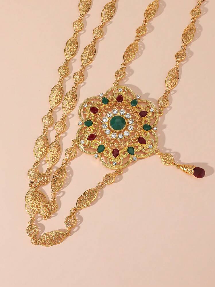 A New Gold Zinc Alloy Material Is Designed With Hollow Petal Pattern Inlaid With Multicolor Large Gemstone Style Water Drop Gemstone Hanging A  Bride Back Chain Suitable For Wedding Occasions To Wear To The Wedding Party Birthday Party Dance A Body ChainFlower Modeling - Gold and White - View 8