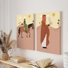 SHElN X  Bayan Yasien 2pcs Designer  Hand-Painted Illustration, Boho Style Poster, Framed Wall Art Easy To Hang,For Room Decor Items