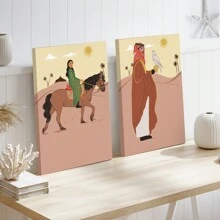 SHElN X  Bayan Yasien 2pcs Designer  Hand-Painted Illustration, Boho Style Poster, Framed Wall Art Easy To Hang,For Room Decor Items