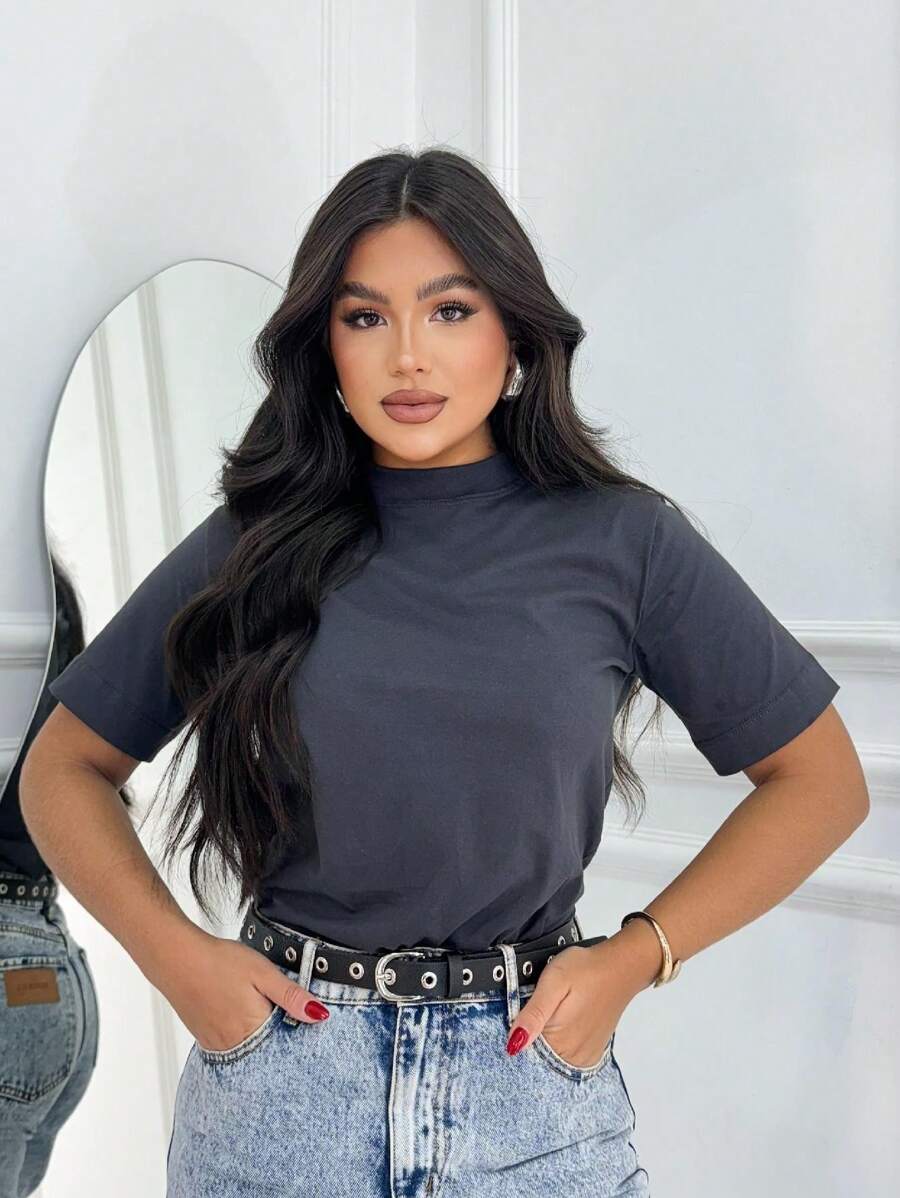 Women's Blouse Premium Cotton T Shirt High Collar Sleeve Oversize Blouse High Collar Women's Short Sleeve Basic T-Shirt - Màu xám đen - Xem 1