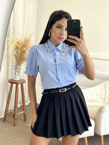 Women's Shirt With Rhinestones/Linen - 藍色 - 查看 5