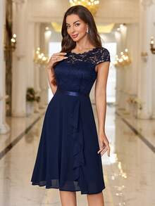 MIUSOL Floral Lace Corset With Ruffle Hem Cocktail Dress, For Valentine's Day Wedding Elegant - Navy Blue - View 7