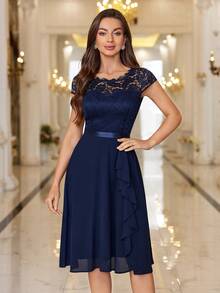 MIUSOL Floral Lace Corset With Ruffle Hem Cocktail Dress, For Valentine's Day Wedding Elegant - Navy Blue - View 4