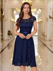 MIUSOL Floral Lace Corset With Ruffle Hem Cocktail Dress, For Valentine's Day Wedding Elegant - Navy Blue - View 5