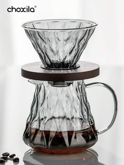 choxila 1 件倒入式咖啡机、V02 咖啡工具、咖啡滴滤器、20 盎司/600 毫升玻璃水瓶、玻璃倒入咖啡滴滤器，配有木质底座支架，适合家庭或办公室使用。