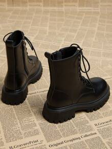2024 Autumn & Winter New Round Toe Thick Heel Lace-Up Platform Ankle Boots, Fashion Versatile Boots For Women - Black - View 8