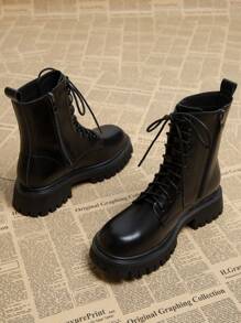 2024 Autumn & Winter New Round Toe Thick Heel Lace-Up Platform Ankle Boots, Fashion Versatile Boots For Women - Black - View 6