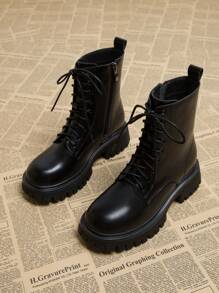 2024 Autumn & Winter New Round Toe Thick Heel Lace-Up Platform Ankle Boots, Fashion Versatile Boots For Women - Black - View 2