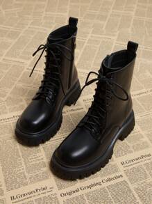 2024 Autumn & Winter New Round Toe Thick Heel Lace-Up Platform Ankle Boots, Fashion Versatile Boots For Women - Black - View 3