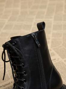 2024 Autumn & Winter New Round Toe Thick Heel Lace-Up Platform Ankle Boots, Fashion Versatile Boots For Women - Black - View 9