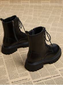 2024 Autumn & Winter New Round Toe Thick Heel Lace-Up Platform Ankle Boots, Fashion Versatile Boots For Women - Black - View 7