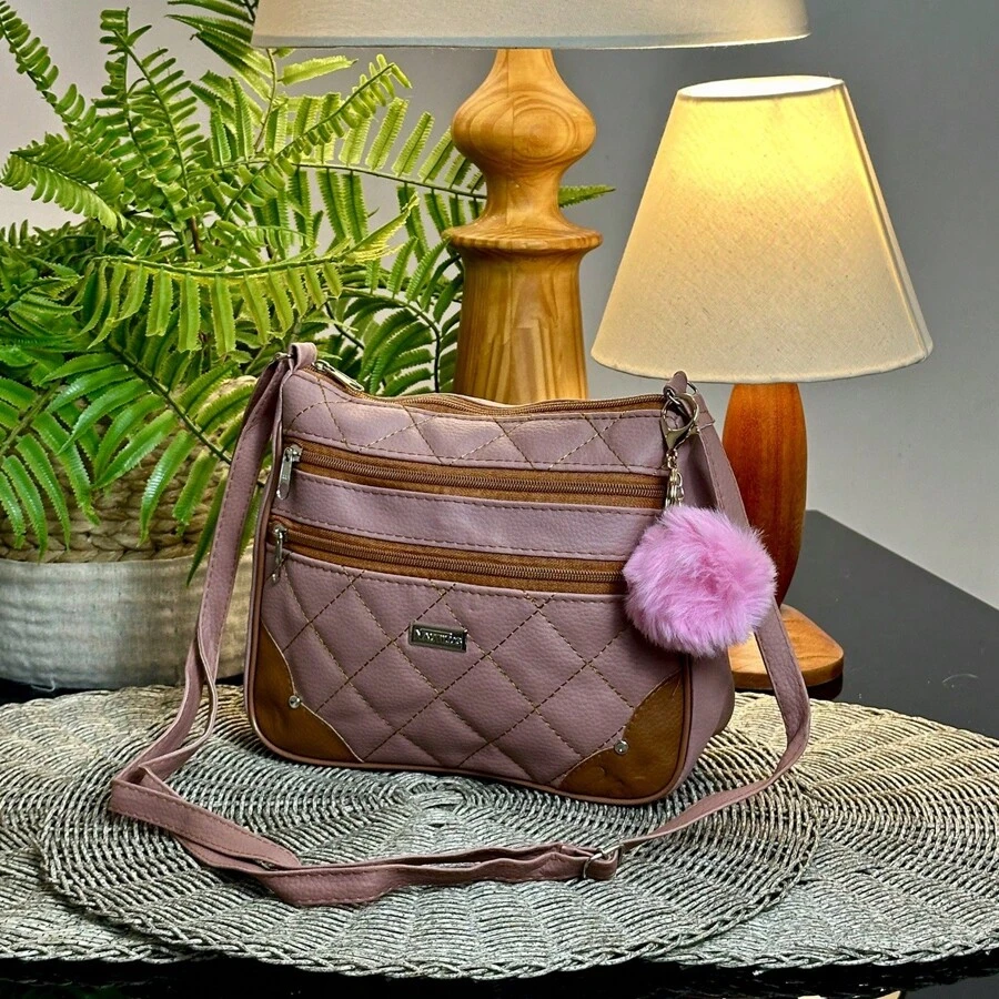 Women's Small Crossbody Bag With 3 Dividers Adjustable Strap + Pompom Keychain - IMMEDIATE SHIPPING - 乾枯玫瑰色 - 查看 1