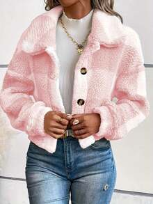 Cazadora De Forro Polar Teddy Con Estampado De Cuadros De Hombros Caídos,Abrigos Mujer,Chamarras Para Mujer,Chaquetas De Mujer - Rosa - Ver 5