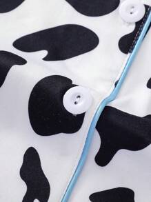 可爱奶牛印花女式睡衣套装，翻领短袖上衣和松紧腰短裤，女士休闲睡衣和家居服 - 黑與白 - 查看 6