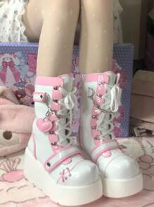 Womens Goth Patent Ankle Boots Platform Chunky High Heel Lace Up Combat Boots Punk Short Booties - Hồng - Xem 1