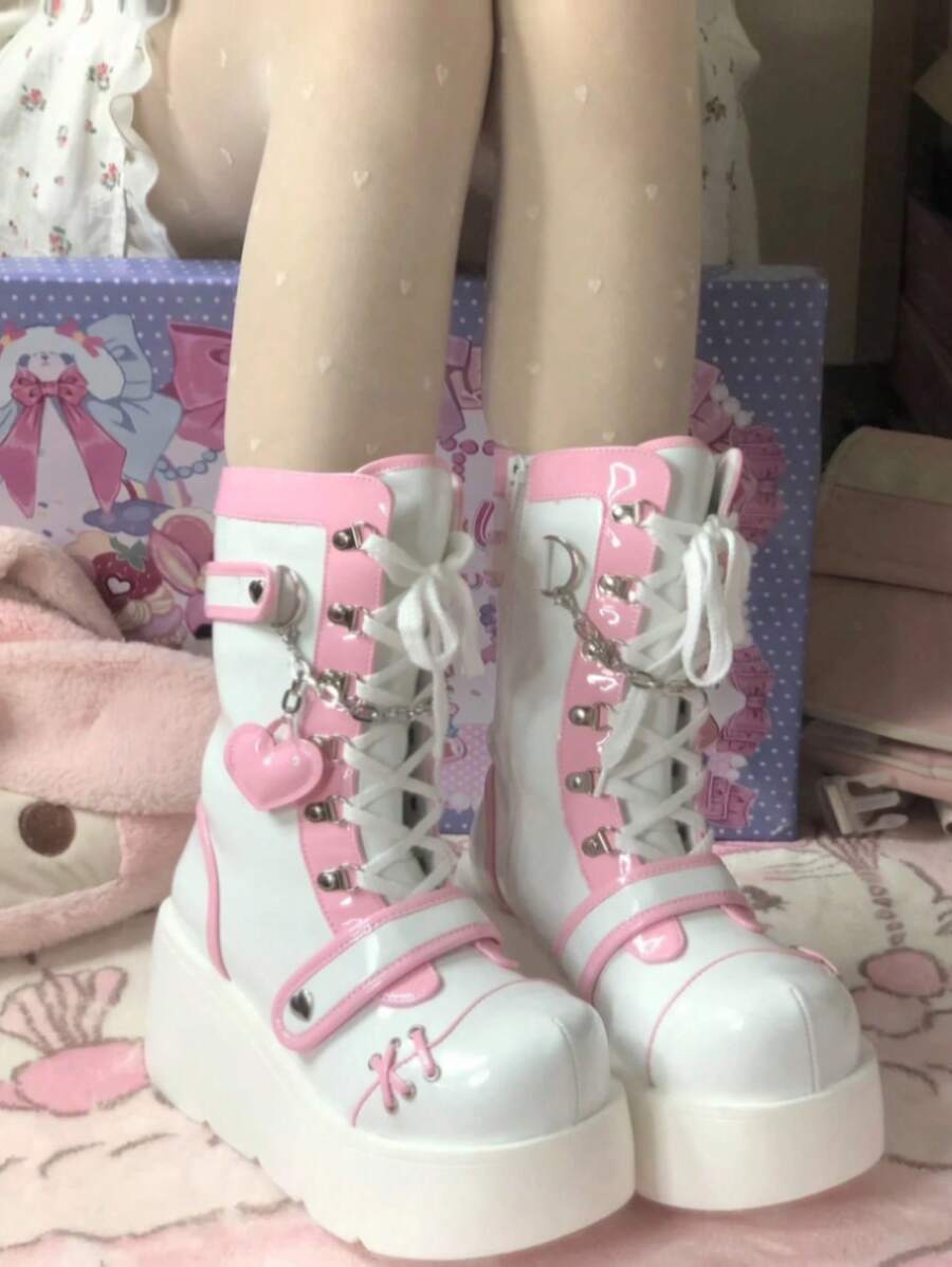 Womens Goth Patent Ankle Boots Platform Chunky High Heel Lace Up Combat Boots Punk Short Booties - Hồng - Xem 1