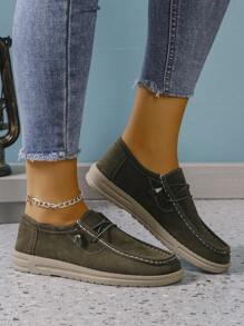 Women's Heart Pattern Loafers, Lightweight Slip On Casual Soft Sole Shoes, Valentine's Day Canvas Shoes - Army Green - View 5