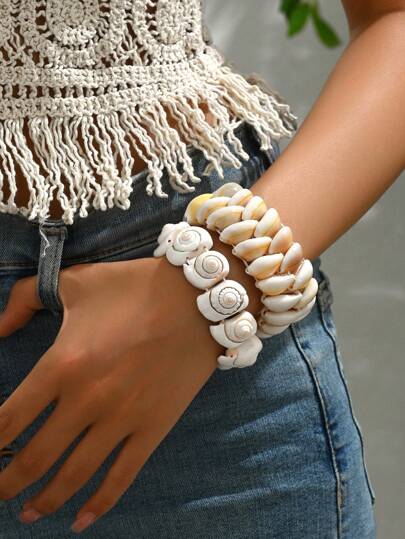 قطعة واحدة سوار مطاطي بوهيمي مصنوع من الأصداف للنساء، هدية حفلة شاطئ المحيط الاستوائي