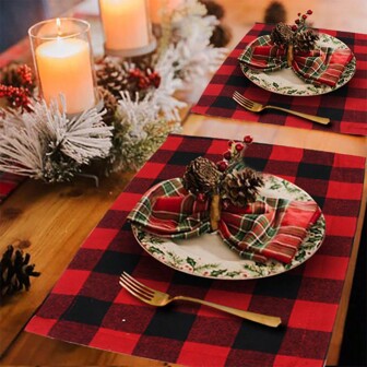 1pc Christmas Decoration Plaid Cloth Placemat, Dining Table Knife And Fork Plate Decoration Placemat Plaid Tablecloth