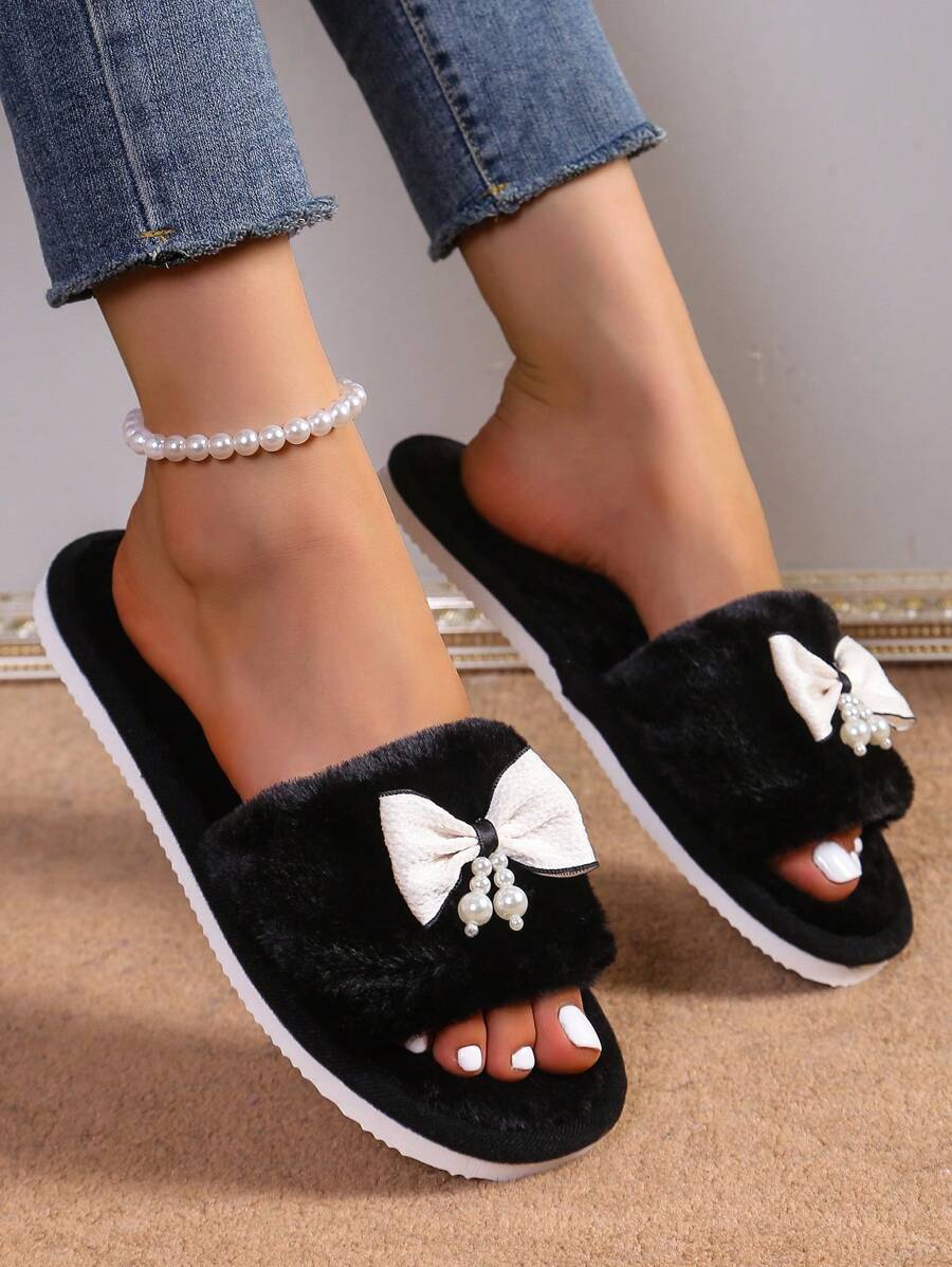 女士蝴蝶结一脚蹬拖鞋，可爱温暖的室内家居毛绒拖鞋，适合学生宿舍，冬季