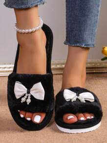 女士蝴蝶结一脚蹬拖鞋，可爱温暖的室内家居毛绒拖鞋，适合学生宿舍，冬季