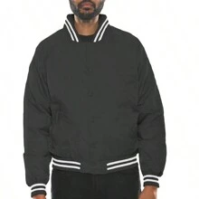 Men Solid Varsity Bomber Jacket Waterproof Fall Winter Summer Lightweight All Season Striped Trim Slant Pockets Baseball Jacket Snap Button - Black - View 6