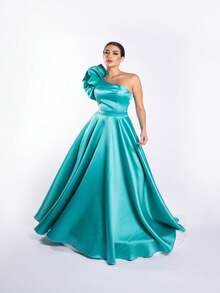 Long One Shoulder Bridesmaid Party Dress With Ruffles Amérie Elegant Aqua Green - Azul Cadete - Ver 3