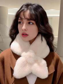 1/2pcs Women Snood Winter Solid Color Basic Neck Warmer Plush Scarf, Elegant Rabbit Fur Collar Cross Scarf, Soft And Warm Furry Scarf