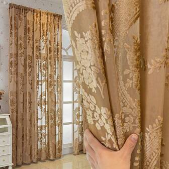 1入組厚重歐式綴花簇絨窗簾用於客廳、臥室、陽台、餐廳裝飾