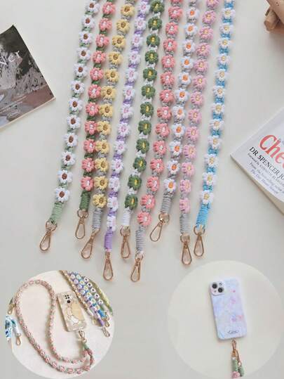 Bohemian Style Handmade Woven Small Daisy Flower Crossbody Bag With Phone Strap, Key Chain Rope Gifts For Mother, Family, Friends, Birthday, Holiday Phone Charm, Phone Chain