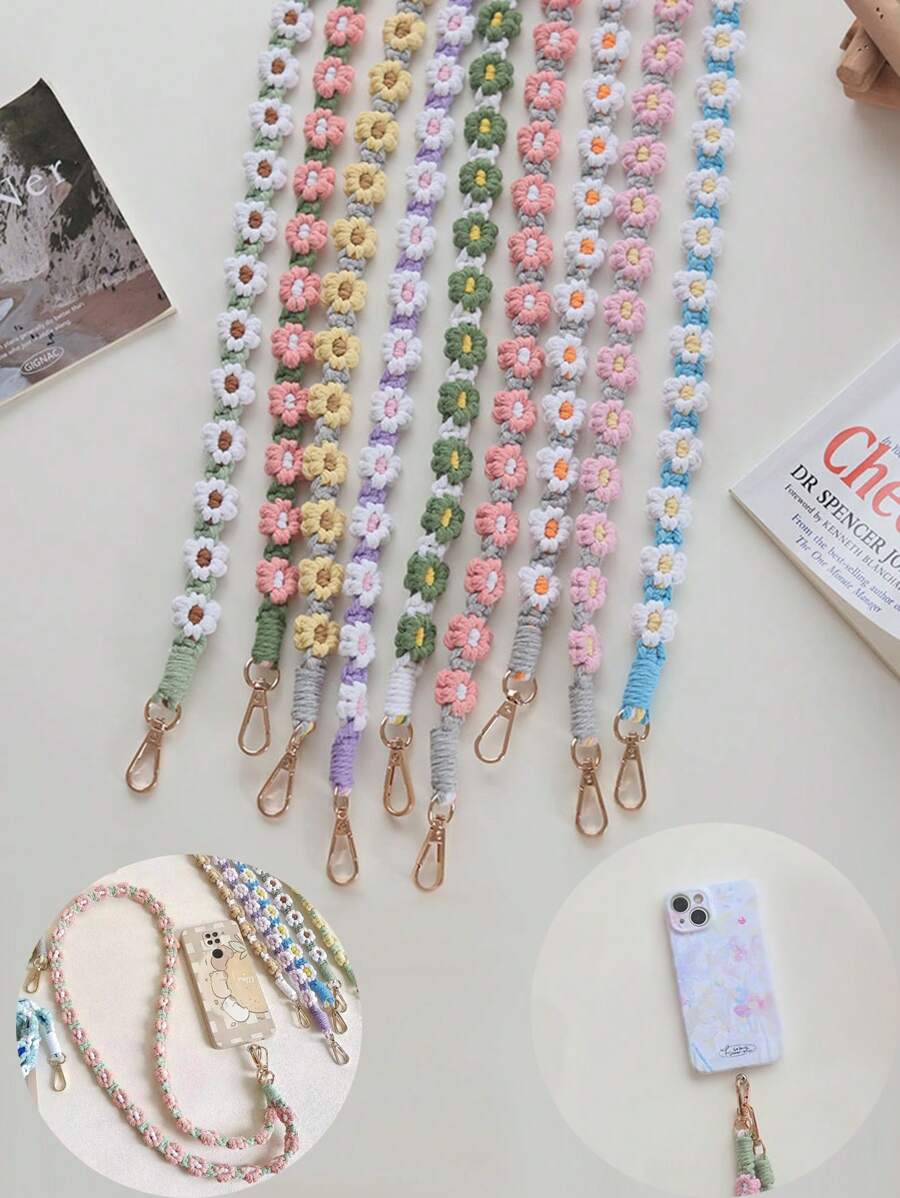 波西米亚风格手工编织小雏菊花斜挎包，配有手机绳、钥匙链绳，适合送给母亲、家人、朋友、生日、节日的手机挂饰、手机链 - 彩色 - 查看 1