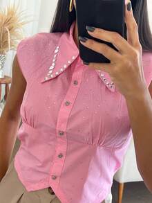 Women's Tank Top With Rhinestones - 淺粉色 - 查看 3