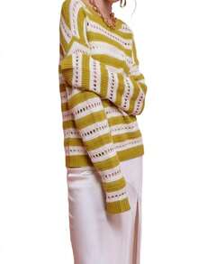 Blu Pepper Stripe Open Knit Top - 奇異果 - 查看 2