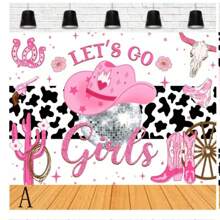 粉色牛仔主题生日横幅背景面料这是我的第一次牛仔竞技炫彩球马蹄香槟生日比赛派对摄影装饰道具乙烯基，圣诞节 - 彩色 - 查看 16