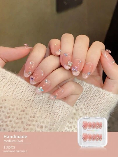 Juego de 10 uñas postizas cortas hechas a mano, uñas falsas de verano, suministros para uñas, uñas largas para manicura de playa para mujeres y niñas, uñas de forma de almendra con puntas francesas de moda, reutilizables para maestras, estudiantes, oficina, viajes, elegante casual de negocios