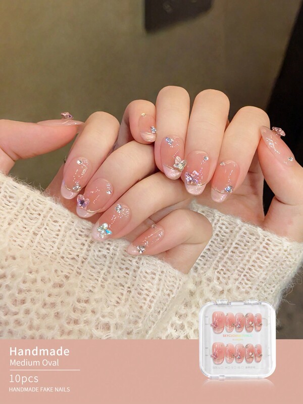 10pcs/Set Handmade Short Press-On Nails, Summer Fake Nails Nail Supplies, Beach Manicure Long Nails For Women & Girls, Fashion Almond Shape French Tip Reusable For Teacher, Student, Office, Travel, Elegant Business Casual