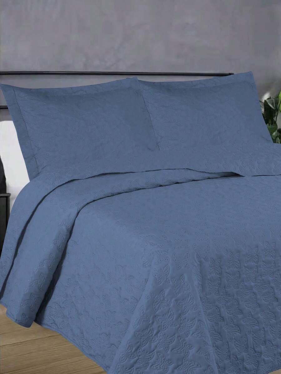 3-Piece Bedspread Quilt Kit Complete Box Bed Ultrasonic Butterfly Quilted - 藏蓝色 - 查看 1