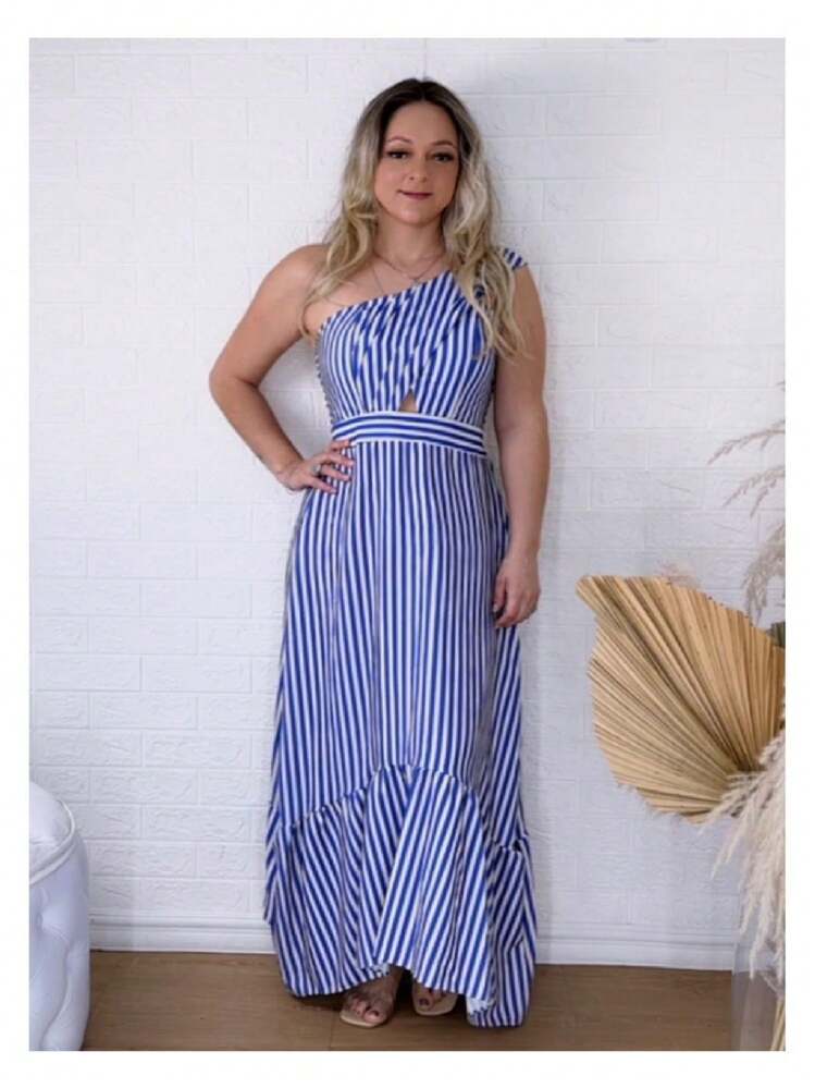 Vestido Longo Feminino Listrado Verão 2025 Maxi Leve Elegante - Azul - Visão 2