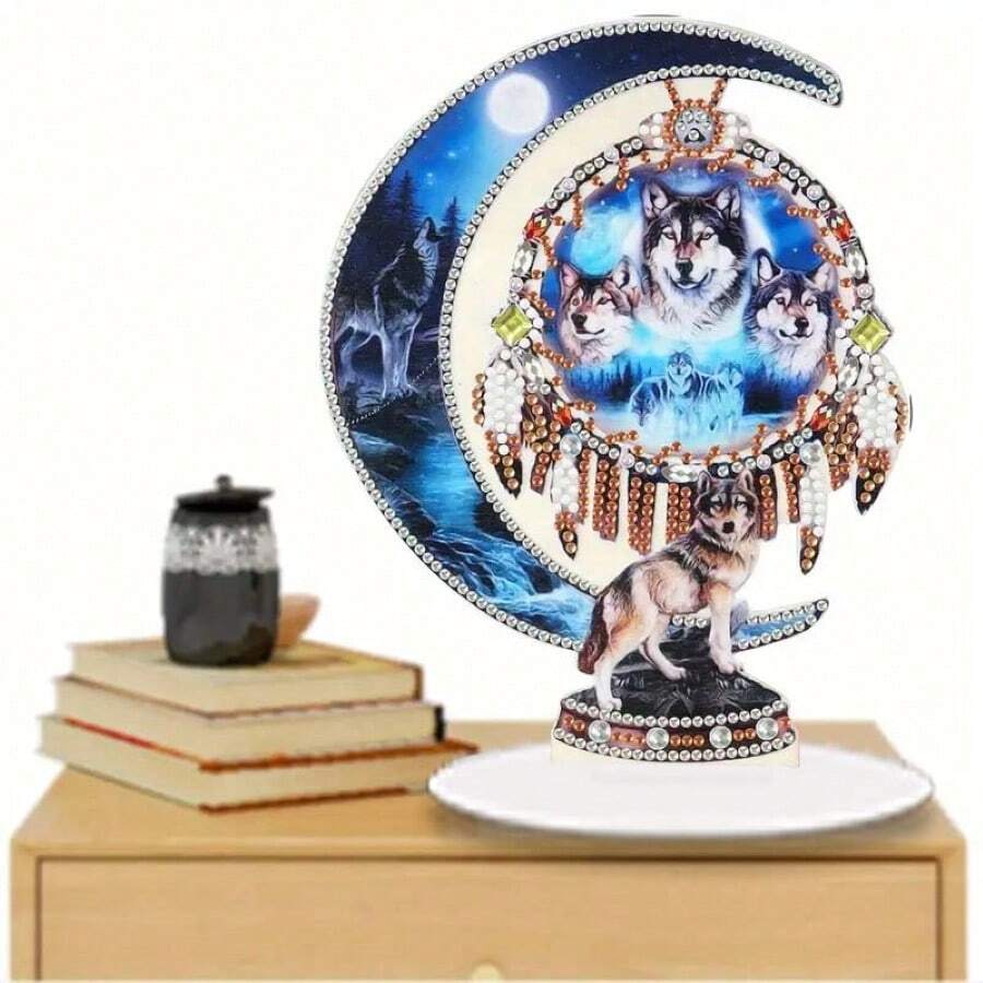 1pc Abstract Diamond Painting Figurine, Wolf Theme Diamond Painting Decor, Pet Material, Dreamcatcher Series, Mosaic Art, Bedside/Desktop Decor, Easy Assembly, DIY Diamond Painting Figurine, 5D Diamond Painting Figurine, Improve Hands-On Ability - Multicolor - View 1