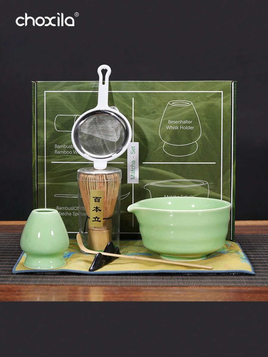 choxila 1/4/7件套抹茶入门套装，包含抹茶碗（带嘴）、竹制抹茶筅、勺子、筅架、抹茶筛、勺架、茶巾、礼盒 - Green Matcha Set - 查看 1