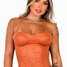 Cropped Corselete Feminino Corset With Cup And Fin Leather Synthetic Leather - 鏽棕色 - 查看 2