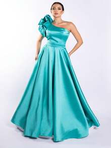 Long One Shoulder Bridesmaid Party Dress With Ruffles Amérie Elegant Aqua Green - Azul Cadete - Ver 1