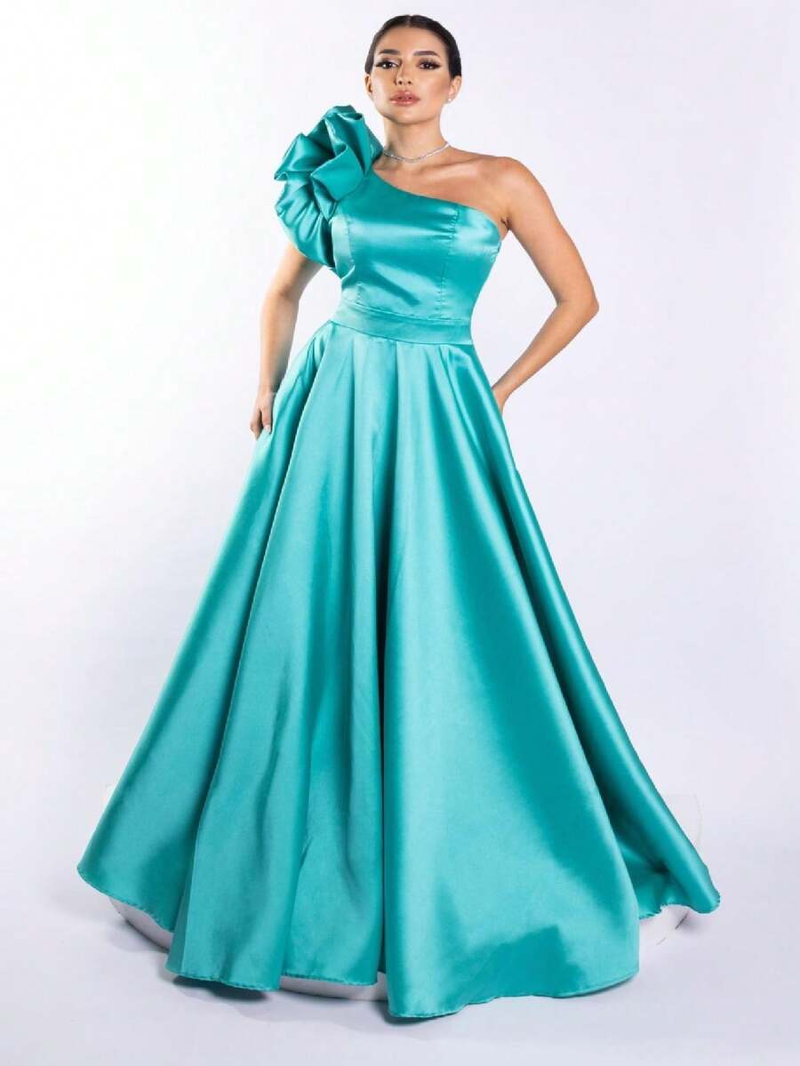 Long One Shoulder Bridesmaid Party Dress With Ruffles Amérie Elegant Aqua Green - Azul Cadete - Ver 1